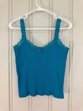 Women's Lace-Trim Ribbed Tank Top - Teal Y2K Deb Mall Brand 90s